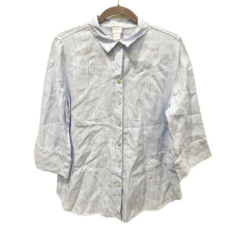 Chico's Coastal No-Iron 100% Linen Striped Button Down Shirt Size 10 Medium